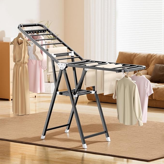 MIKEE Clothes Drying Rack,Stainless Steel Foldable Laundry Drying Rack for Indoor & Outdoor Use，with Height-Adjustable Wings，2-Tier Clothes Rack with Windproof Hanging Holes and Wheels，132 lb