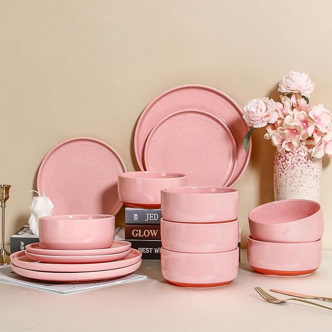 GZG Modern Art Series - 6 Pcs Speckled Stoneware Plates and Bowls Sets, Ceramic Dinnerware Set with Rustic Terracotta Underside, Microwave and Dishwasher Safe Handcrafted Dishes Set - Blush Pink