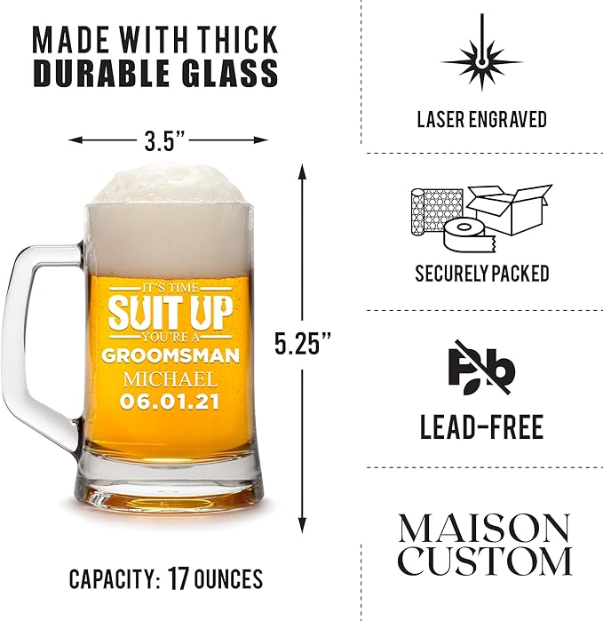 Groomsmen Gifts - Personalized Beer Mugs - Groomsmen Proposal Gift Idea - Customized Gift for Groom, Best Man, Groomsman - Custom Engraved Beer Mugs for Grooms Men - Groomsmen Beer Glasses (Design A)