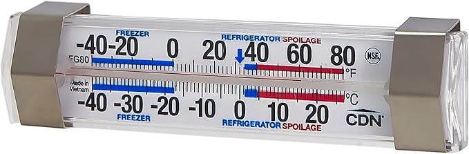 CDN FG80 Refrigerator/Freezer Thermometer | NSF Certified | Dual Scale -40 to 80°F | Ideal for Fridge & Freezer Monitoring | Stainless Clips | Durable Design | FG80