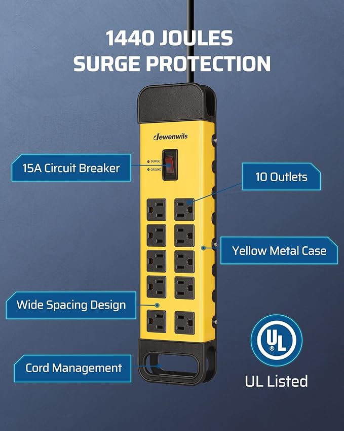 DEWENWILS 10-Outlet Metal Surge Protector Power Strip, UL Listed, 6Ft Cord Flat Plug, 15A Circuit Breaker, 14AWG 1440Joules, Heavy Duty Industrial Power Strip for Garage Workshop, Wall Mountable