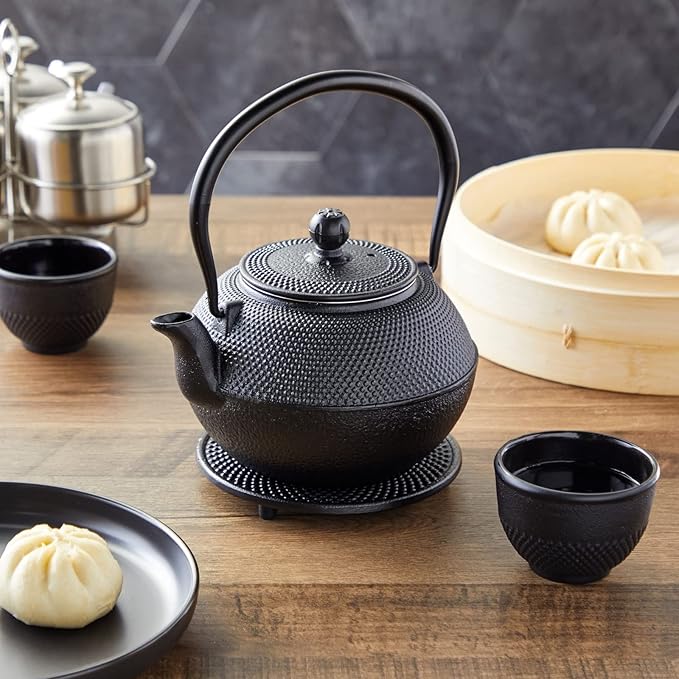 Juvale Cast Iron Teapot - 1200 mL, Black, 2 Cups - Japanese Tea Set with Stainless Steel Infuser & Stovetop Kettle for Loose Leaf Tea