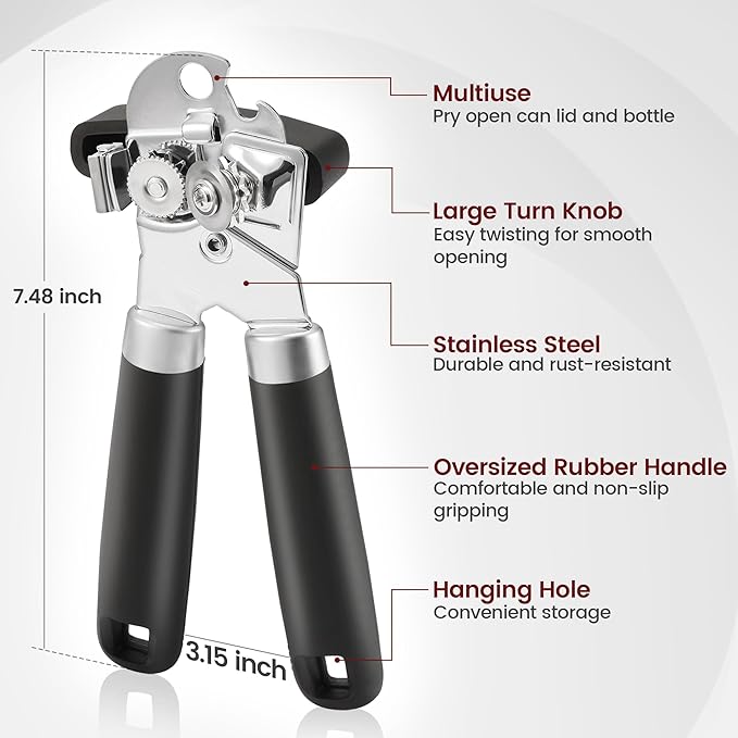 Can Opener Manual with Magnet, Vayvnt Heavy Duty Stainless Steel Can Opener Smooth Edge, Rubber Grip Handle & Easy Turn Knob, Multifunctional Kitchen Gadget for Seniors, Sharp Cutting Blade, Black