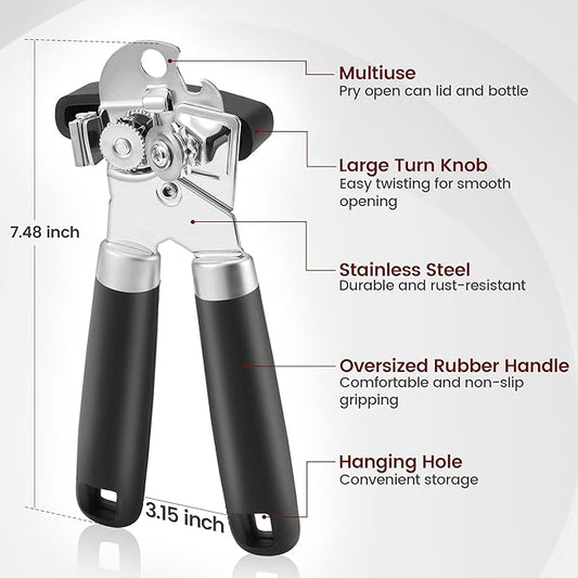 Can Opener Manual with Magnet, Vayvnt Heavy Duty Stainless Steel Can Opener Smooth Edge, Rubber Grip Handle & Easy Turn Knob, Multifunctional Kitchen Gadget for Seniors, Sharp Cutting Blade, Black