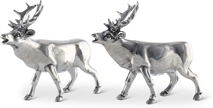 Vagabond House Pewter Deer/Elk Salt and Pepper Shakers Set Artisan Designer Handcrafted for Cabin Lodge Mountain Décor 4.5 inch Tall