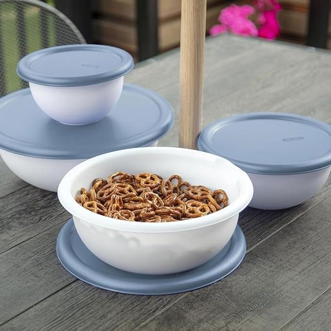 Sterilite Covered Bowl Set, Plastic Nesting Kitchen Mixing Bowls with Pour Spout, Meal Prep Food Storage Containers with Lids, Washed Blue (Set of 18)