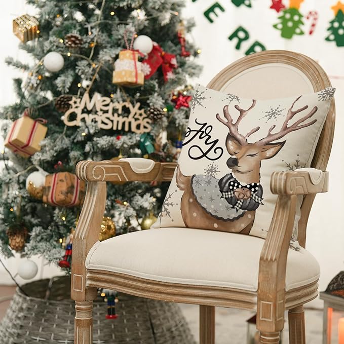 AVOIN colorlife Christmas Snowman Reindeer Gloves Eucalyptus Throw Pillow Covers, 18 x 18 Inch Winter Holiday Stripes Cushion Case Decoration for Sofa Couch Set of 4