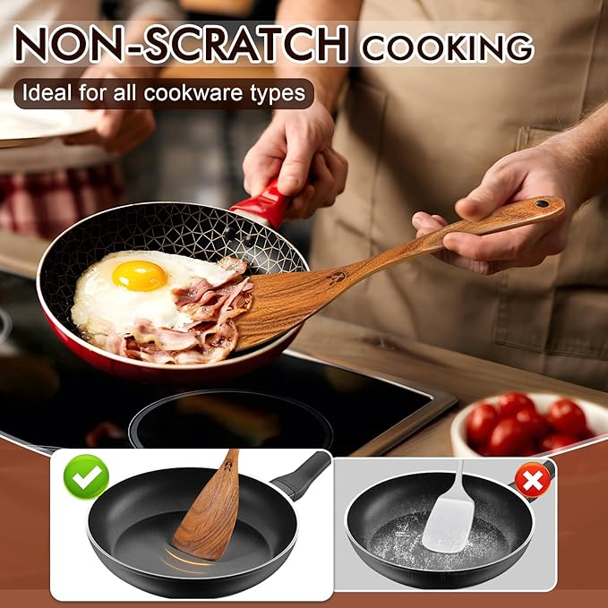 Wooden Spoons for Cooking, 10 Pcs Natural Teak Wood Kitchen Utensils Set, Comfortable Grip Wooden Utensil Set for Nonstick Pans & Cookware, Heat Resistant Wooden Spoons Wooden Spatulas Set