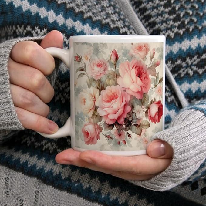 Coffee Mugs Ceramic Latte Mug with Handle Vintage Rose Pattern 11 OZ for Men Women for Latte Cappuccino Cocoa Milk Dishwasher & Microwave Safe