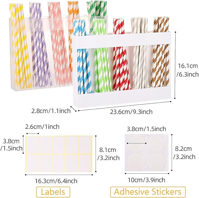 2 Pcs Straw Holder for Cabinet Door, 9.5 Inch Acrylic Straw Organizer with 8 Pcs Adhesive Stickers and 20 Pcs Labels, Reusable Kitchen Utensil Storage