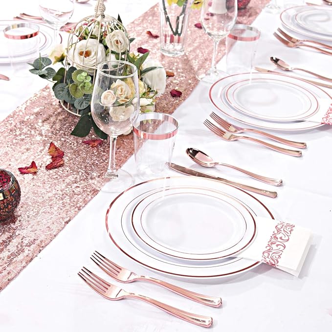 WDF 120 pieces Rose Gold Plates Disposable - Heavy Duty Rose Gold Plastic Plates Perfect for Valentines Day, Mother's Day, Wedding, Birthday