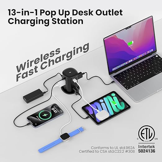 VILONG Pop Up Outlet with 15W Wireless Charger,4 USB Ports，8 Outlets,Space-Saving Concealed Design,Pop Up Countertop Receptacle for Conference Table,Kitchen Countertop (ETL Listed)