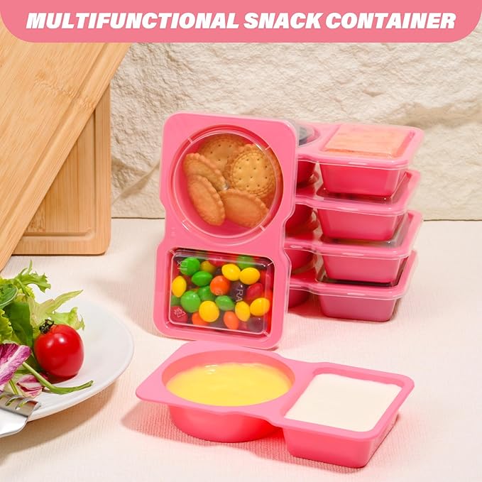 Double Compartment Snack Containers with Lids, 2 Compartment Condiment Container, Plastic Disposable Snack Pack Containers for Sauce, Salad, Food Storage Box(20PCS-Pink)