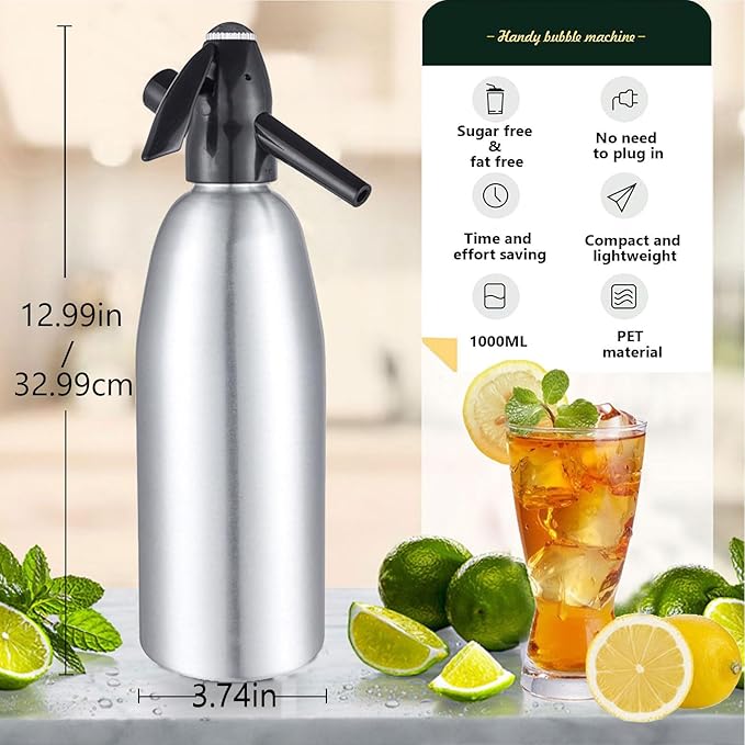 Soda Siphon Portable Sparkling Water Maker - Travel Soda Maker for Home & Outdoor, 1L Carbonating Bottle, Carbonated Water Machine for Soda Water/Cocktails, Use 8 gram CO2 Cylinders (Not Included)