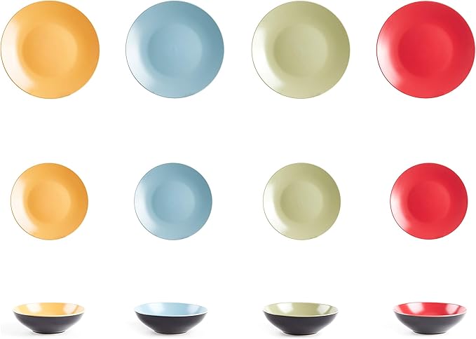 Stoneware Two-Tone Colors Life 12pc Dinnerware Set，Outside Shinny Black + Inside Matte Finished Very Funny - 4 Assorted Colors Turquoise, Olive, Curry, Red