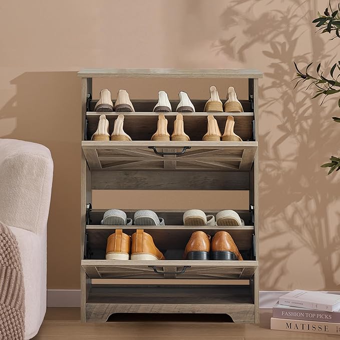 Shoe Storage Cabinet with Bench, Farmhouse Shoe Organizer with Barn Door Design, Space-Saving Hidden Narrow Shoe Rack Cabinet for Entryway, Hallway & Foyer，White