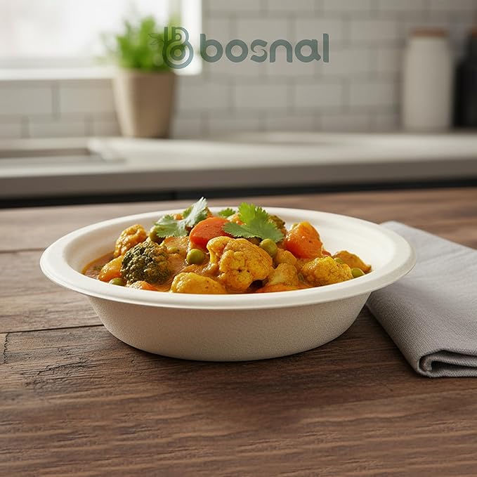 BOSNAL 10 inch & 7 inch Round Plates, 10 inch Oval Plates, 16 oz Bowls & 8 oz Cups with Lids & Cutlery – 100% Plant-Based Bagasse, Eco-Friendly, Compostable, Microwave Safe, Durable Dinnerware Set