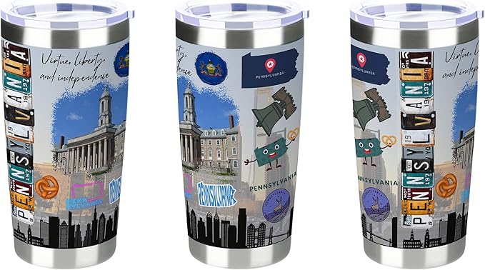 20oz Insulated Tumbler Pennsylvania State Coffee Mug, United States Map Travel Mug Landmark, Birthday Gifts Cute Custom Tumbler Cups with Lid and Straw Gifts for Mom