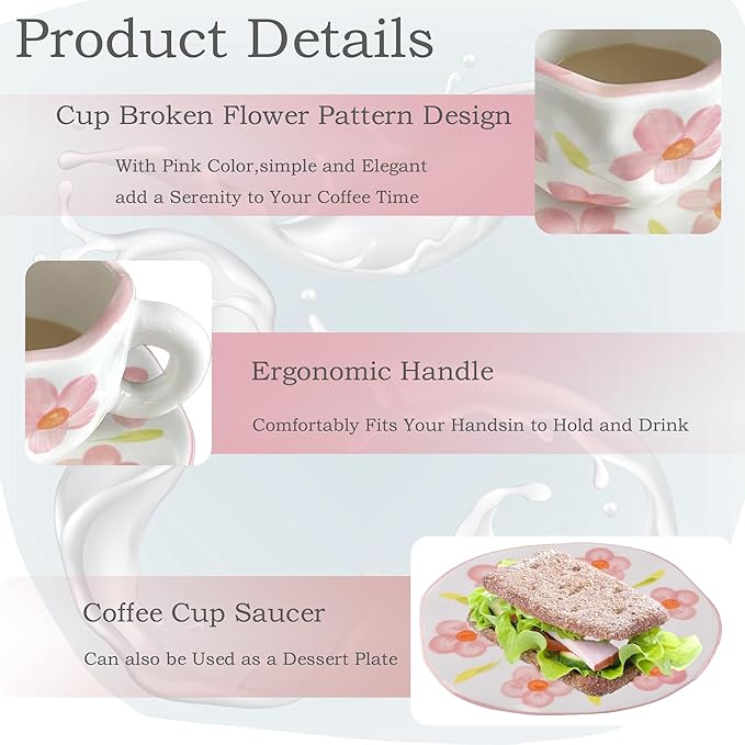 Coffee Mugs Set with Saucer Cute Flowers Cup Gifts for Women Birthday Tea Coffee Mug with Coaster 250 ML Ceramic Cup Birthday Gift for Women Girls Mom Friend Coffee Mug aucer Set