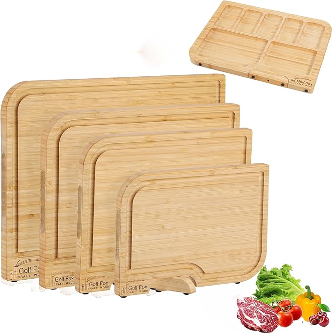 4-PCS Bamboo Cutting Board Set, Wood Cutting Board for Kitchen with Innovative Stand, Juice Groove & Handle, Double Sided for Chopping & Charcuterie Board, Kitchen Gift for Home Cooks, For Meat &Fruit