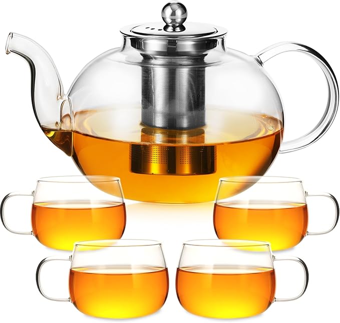 50OZ/1500ML Glass Teapot Set with 4 Teacups & Removable Stainless Steel Infuser, Stovetop & Microwave Safe Clear Tea Maker Water Kettle with 12OZ/360ML Tea Cups for Loose Leaf Blooming Tea