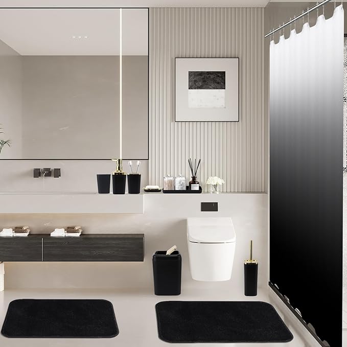 Bathroom Set - Black Bathroom Accessories Set, Bathroom Sets with Shower Curtain and Rugs, 24PC Shower Curtain Set with Hooks, Soap Dispenser, Soap Dish, Toilet Brush Holder and Trash Can