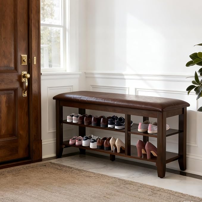 PY HOME & SPORTS Shoe Rack for Entryway 47": 2-Tier Shoe Storage Bench, Adjustable/Removable Shelves, Rubberwood Shoe Benches for Hallway, Porch, Bathroom, Brown