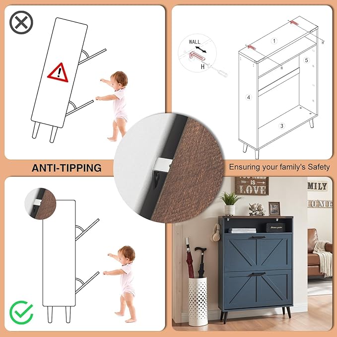 Shoe Storage Cabinet,Farmhouse Shoe Organizer with 2 Flip Drawers & Barn Door Design,Freestanding Hidden Slim Narrow Shoe Rack Cabinet with Open Storage for Entryway, Foyer,Hallway,Navy Blue