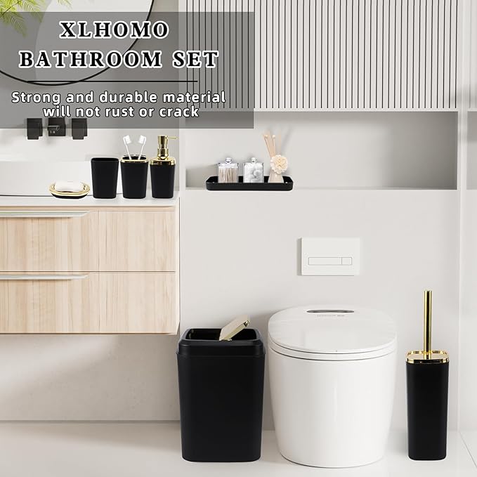 Bathroom Accessories Set - Black Bathroom Set, 9PC Bathroom Accessory Set with Trash Can, Toilet Brush, Qtip Holder Dispenser & Soap