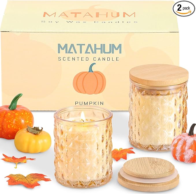 2 Pack Pumpkin Scented Candles for Home Decor, 6.5oz Natural Soy Wax Fall Candle Aromatherapy Jar Candles, Housewarming Gift for Women