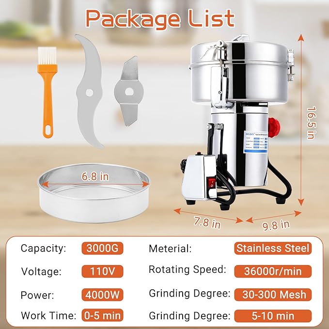 Electric Grain Mill Grinder 3000g High-speed Grain Spice Herb 4000W Dry Grinder Machine 304 Stainless Steel Superfine powder high-speed grain mill 36000r/min for Kitchen Home and Commercial