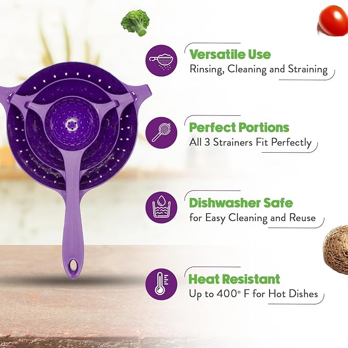 Crisp 3 Piece Nesting Strainer Set - Plastic, Durable Kitchenware, Dishwasher Safe - Made in the USA - Purple