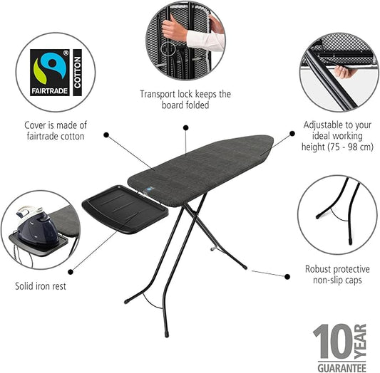 Brabantia Ironing Board C, XL Steam Unit Holder, Adjustable Height, Non-Slip Rubber Feet, Foldable, Denim Black, Size C (49 x 18 inches), Metal Frame, Free Standing, 63 inches