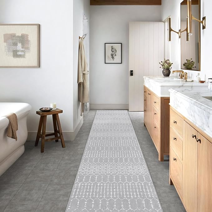 Lahome Moroccan Washable Rug Runner - 2x10 Non-Slip Runner Rug for Kitchen Stain Resistant Grey Carpet Runners for Hallway 10 Ft, Modern Geometric Print Soft Floor Carpet for Bathroom Entryway Foyer