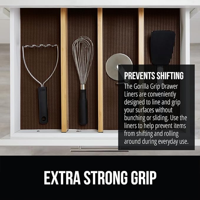 GORILLA GRIP powerGRIP Drawer Shelf and Cabinet Liner, Thick Strong Hold, Non-Adhesive Liners Protect Kitchen Cabinets and Cupboard, Bathroom Drawers, Easy Install, Breathable Mat, 12" x20', Chocolate