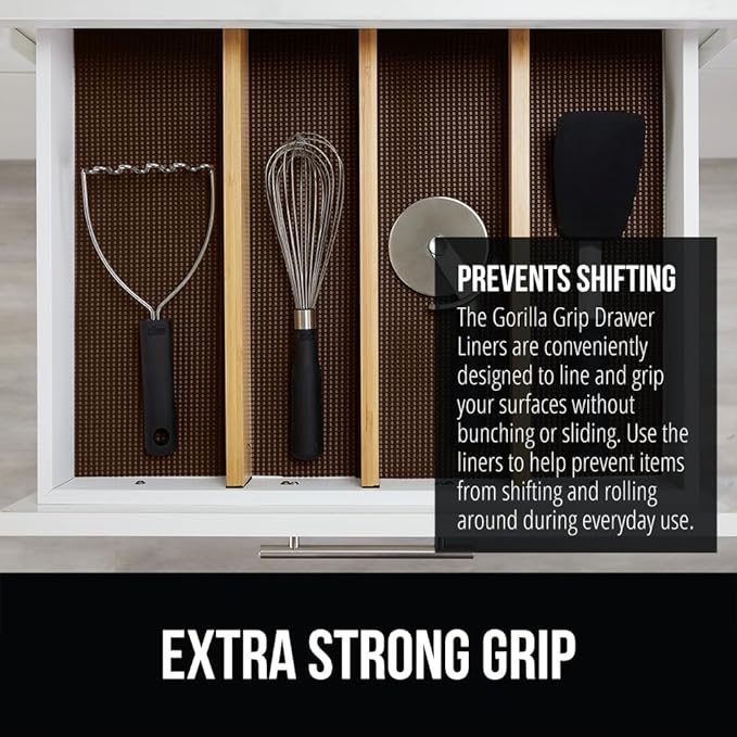 GORILLA GRIP powerGRIP Drawer Shelf and Cabinet Liner, Thick Strong Hold, Non-Adhesive Liners Protect Kitchen Cabinets and Cupboard, Bathroom Drawers, Easy Install, Breathable Mat, 17.5" x10', Brown