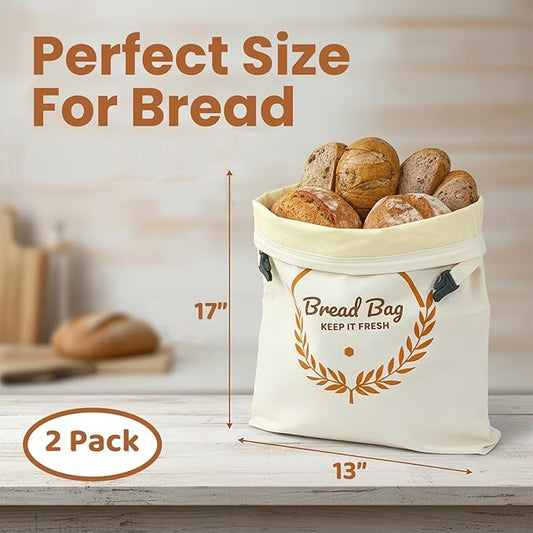 PIPI&TITI Reusable Beeswax Bread Bag for Homemade Bread (2-packs),Zippered Bread Bag for Sourdough Storage,17x12.6 inches Food Storage,Portable Cotton and Beeswax Bag,Freezer-Friendly