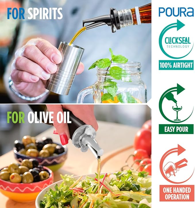3-in-1 Liquor Pour Spout | Olive Oil Spout with Built-in Caps for Optimal Fly and Dust Protection - Dishwasher Safe, Hygienic Alcohol Speed Spouts - Black 2 PCs with 2 Adapters for Large Neck Bottles