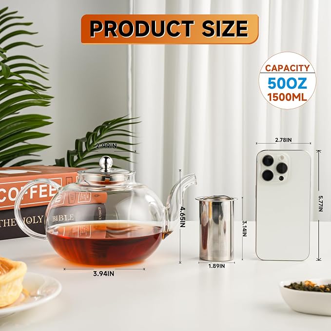 50OZ/1500ML Glass Teapot Set with 4 Teacups & Removable Stainless Steel Infuser, Stovetop & Microwave Safe Clear Tea Maker Water Kettle with 12OZ/360ML Tea Cups for Loose Leaf Blooming Tea