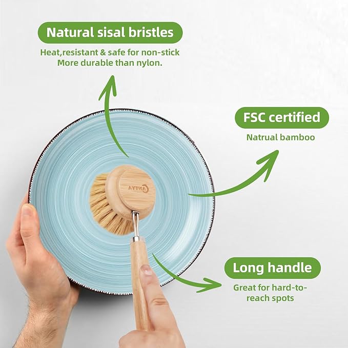 Bamboo Dish Brush - Bamboo Dish Scrubber,Sustainable & Biodegradable, Dish Scrub Brush for Cleaning Kitchen Utensils(Soft Bristles)