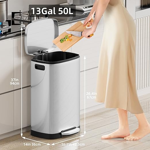 KUK 13 Gallon/50L Stainless Steel Kitchen Trash Can with Lid and Step Pedal-Large Capacity Garbage Bin with Odor Seal, Silent Close Lid, Removable Inner Bucket for Home, Kitchen, Bedroom, Office