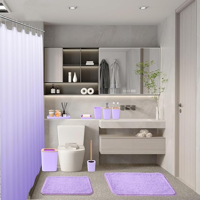 24PCS Bathroom Sets with Shower Curtain and Rugs, Purple Bathroom Accessories Set with Trash Can, Soap Dispenser, Toothbrush Holder and Cup, Purple Bathroom Set for Home Decor