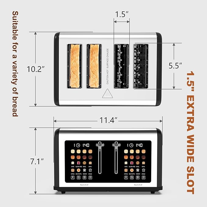 4 Slice Toaster Touch Screen, Stainless Steel Toasters Digital Timer, Dual Control Panel Toasters, 8 Shade Settings 6 Bread Types for Bagel, Cancel, Defrost 1650W Black