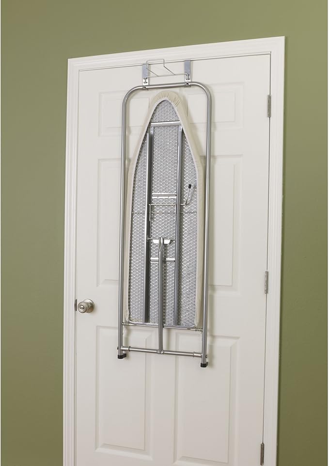 Household Essentials 144222 Over The Door Small Ironing Board with Iron Holder, Natural Cotton Cover Silver