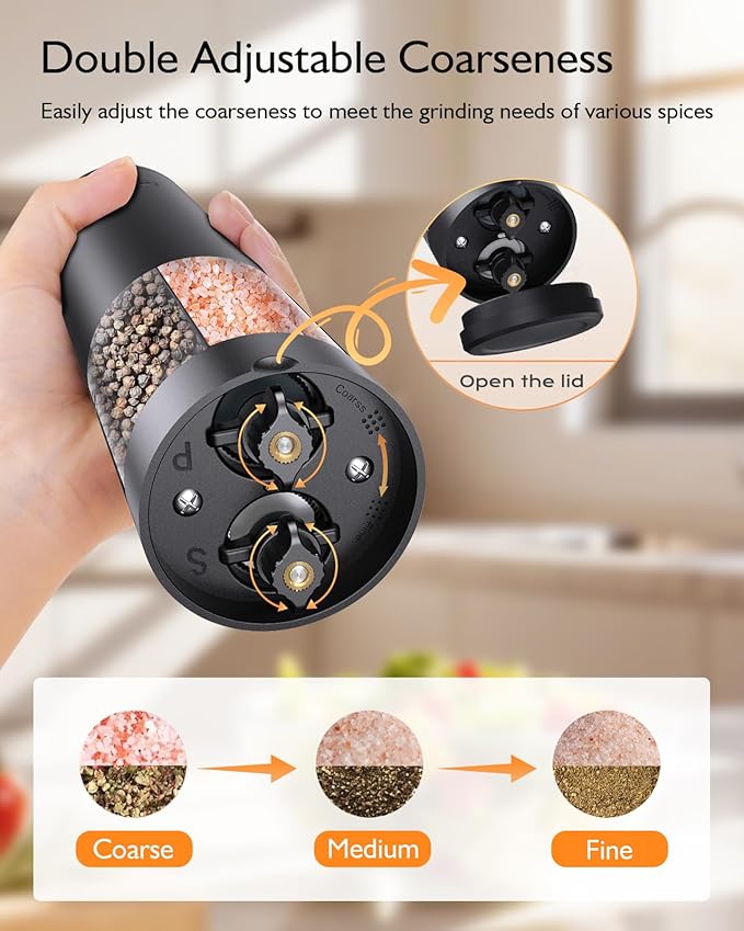 Electric Salt and Pepper Grinder Set, 2 in 1 Dual Bins USB Rechargeable Refillable Automatic Salt and Pepper Mill Shaker with LED Light, Dual Ceramic Grinder Adjustable Coarseness, House Warming Gift