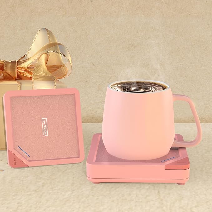 Coffee Mug Warmer Set: Coffee Warmer for Desk Auto Shut Off Candle Warmer Plate Electric Beverage Coffee Cup Warmer Heated Coffee Mug for Coffee,Tea, Milk Up to 131°F/55°C (Light Pink)