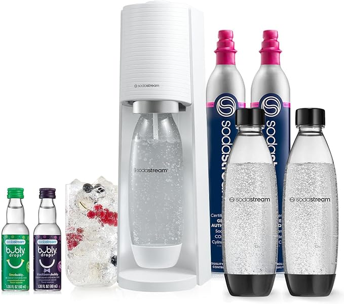 SodaStream - Terra Sparkling Water Maker | VALUE BUNDLE | CQC CO2 system | Includes 2x CO2 Cylinders, 3x 32 Fl Oz Dishwasher Safe Bottles, 2x Bubly Flavor Drops | Combine with Pepsi Flavors | White