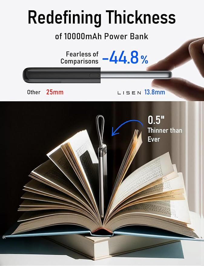 LISEN 10000mAh USB C Portable Charger Power Bank with Built in Cable, CCC Certified Power Bank Fast Charging 22.5W, Portable Phone Charger USBC Portable Charger iPhone 17/16/15 Pro Max Samsung S25/S24