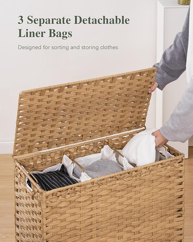 Laundry Hamper with Lid 132 L, (35 Gallons) Clothes Hamper with Lid, Handwoven Rattan Laundry Hamper with Metal Heightened Feet, Laundry Hampers with 3 Removable Liner Bags for Laundry-Natural
