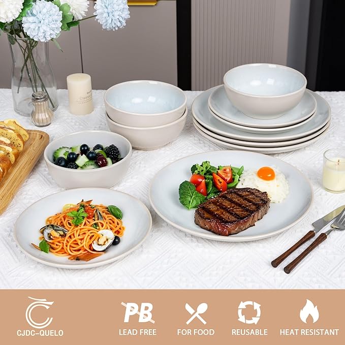 Plates and Bowls Sets for 8 - CJDC-QUELO 32-Piece Stoneware Dinnerware Sets, Ceramic Dishware Set for Kitchen Use and Formal Dining, Chip and Scratch Resistant Microwave Dishwasher Safe, Off White